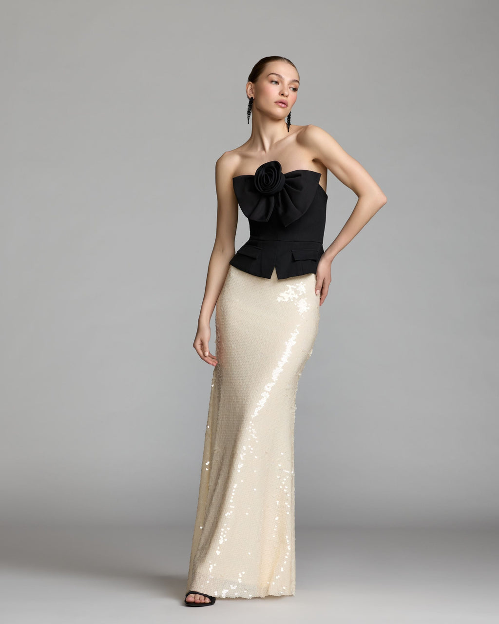 Black and White Strapless Rosette Crepe and Sequin Gown - Designer Collection