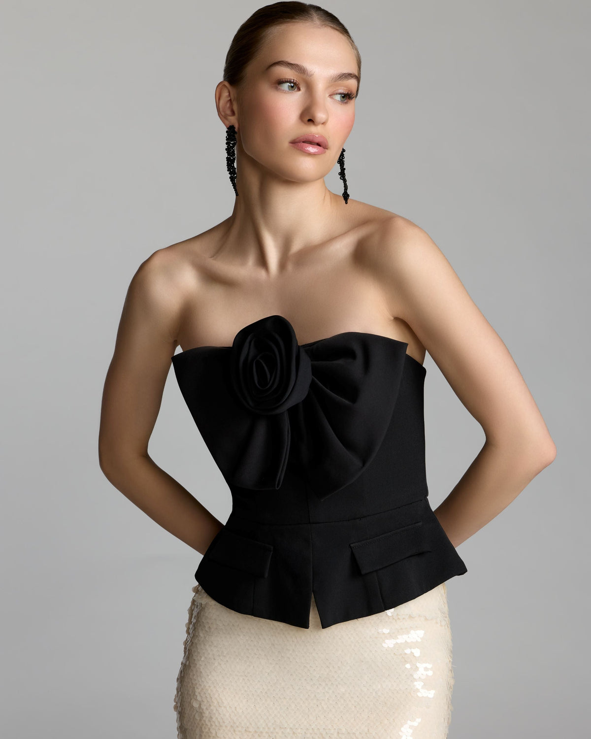 Black and White Strapless Rosette Crepe and Sequin Gown - Designer Collection