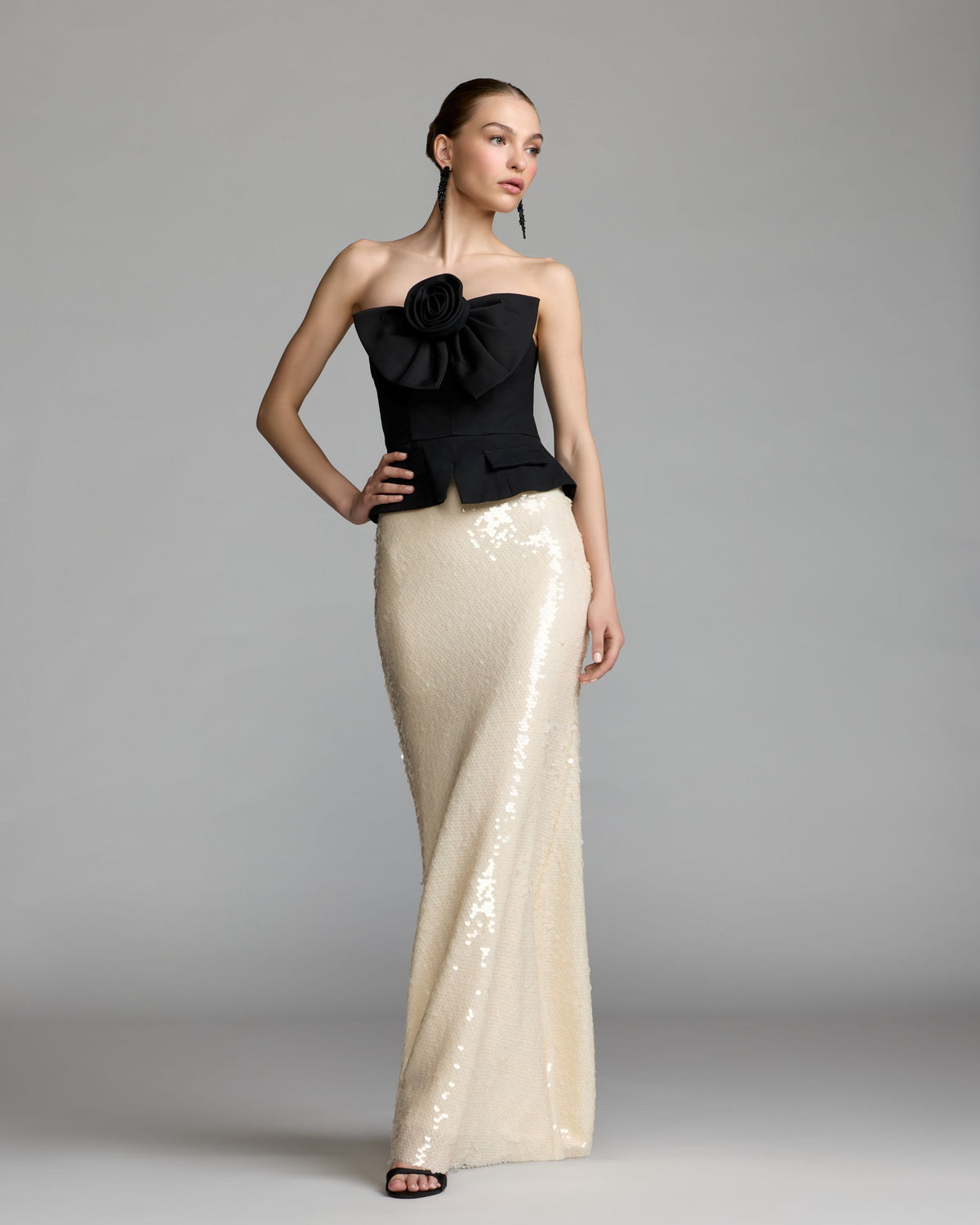 Black and White Strapless Rosette Crepe and Sequin Gown - Designer Collection