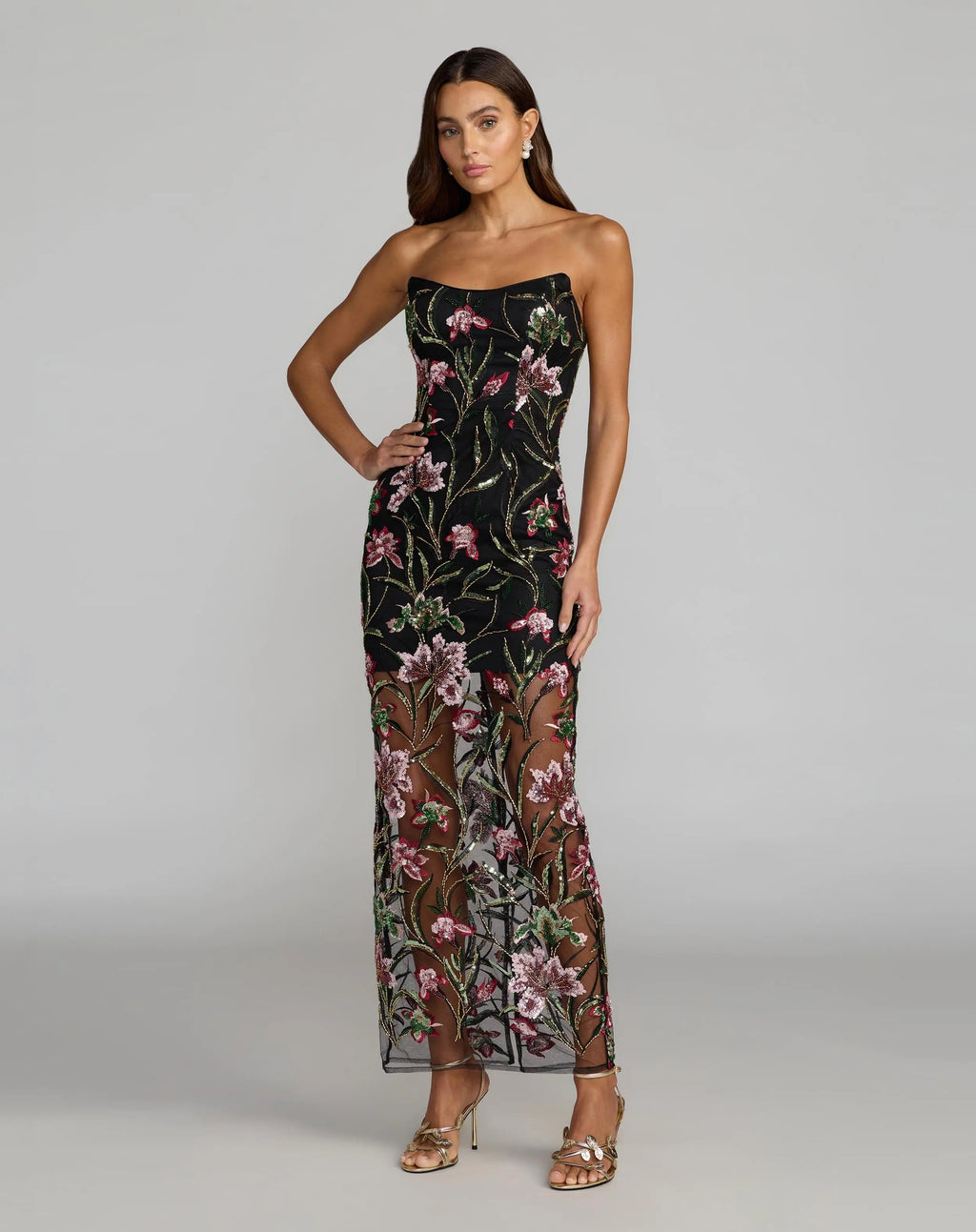 Black Strapless Floral Embroidered Maxi Dress  - Contemporary Collection