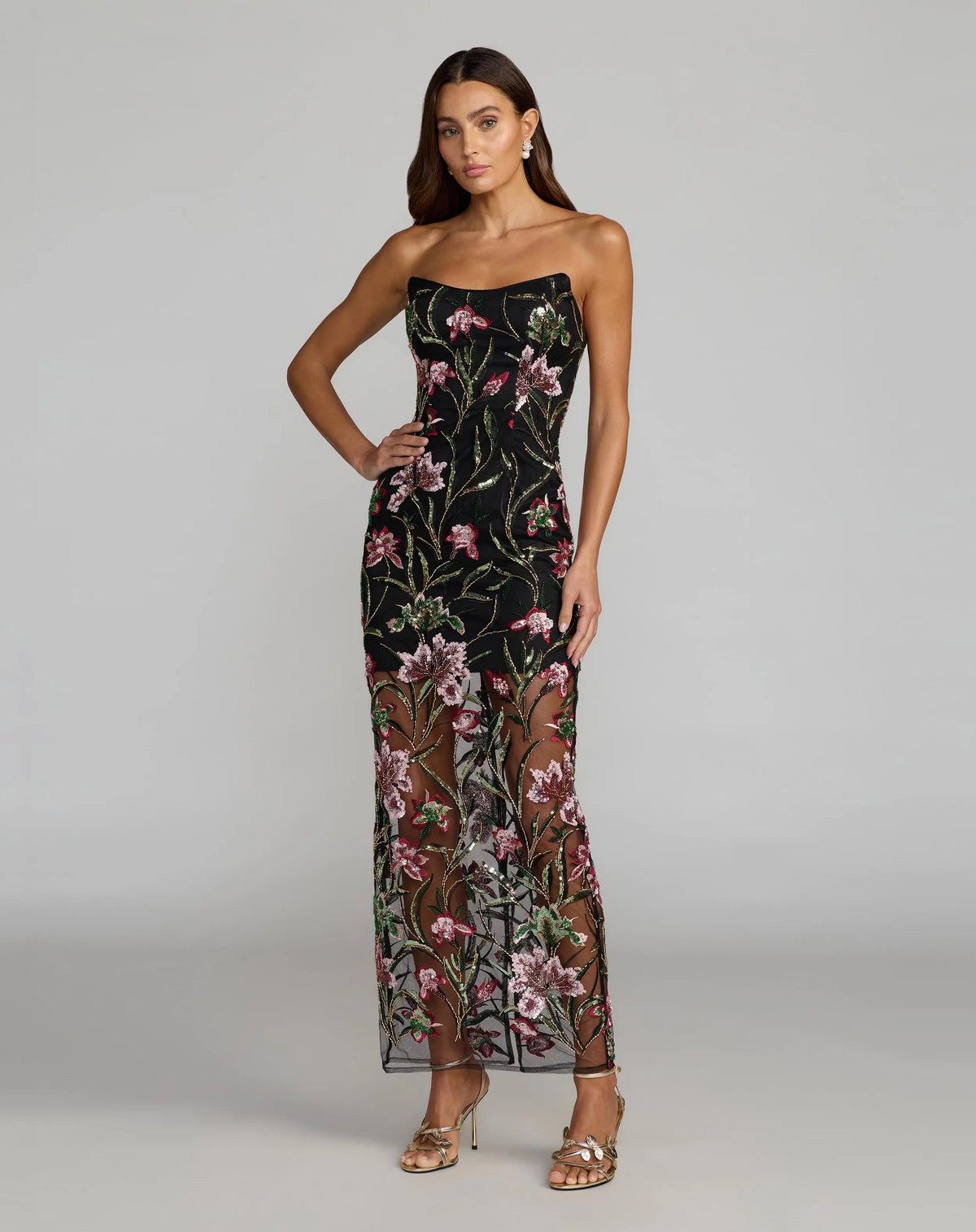 Black Strapless Floral Embroidered Maxi Dress  - Contemporary Collection