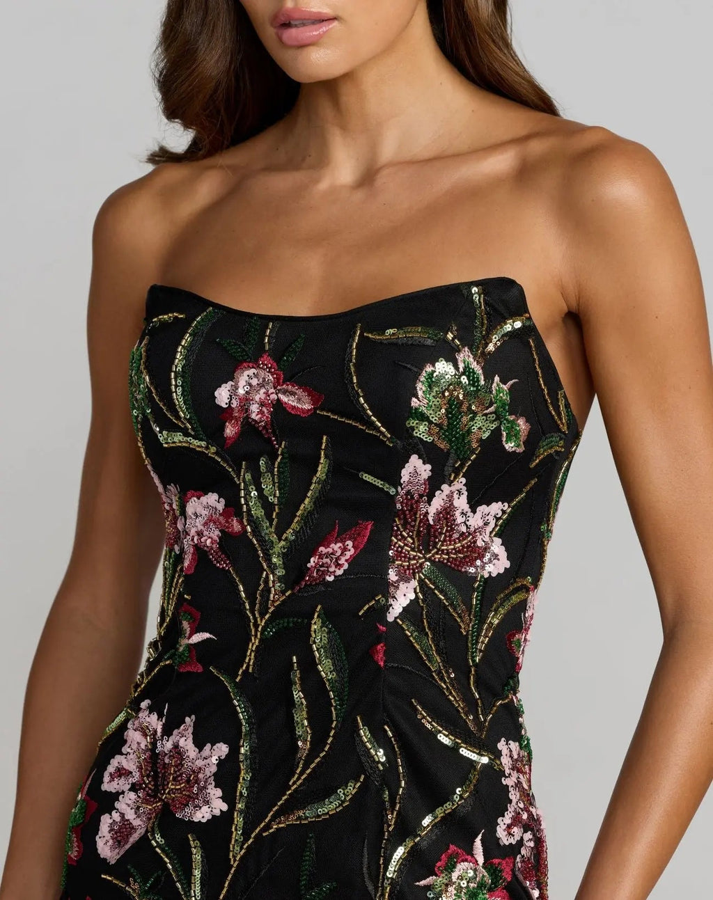 Black Strapless Floral Embroidered Maxi Dress  - Contemporary Collection