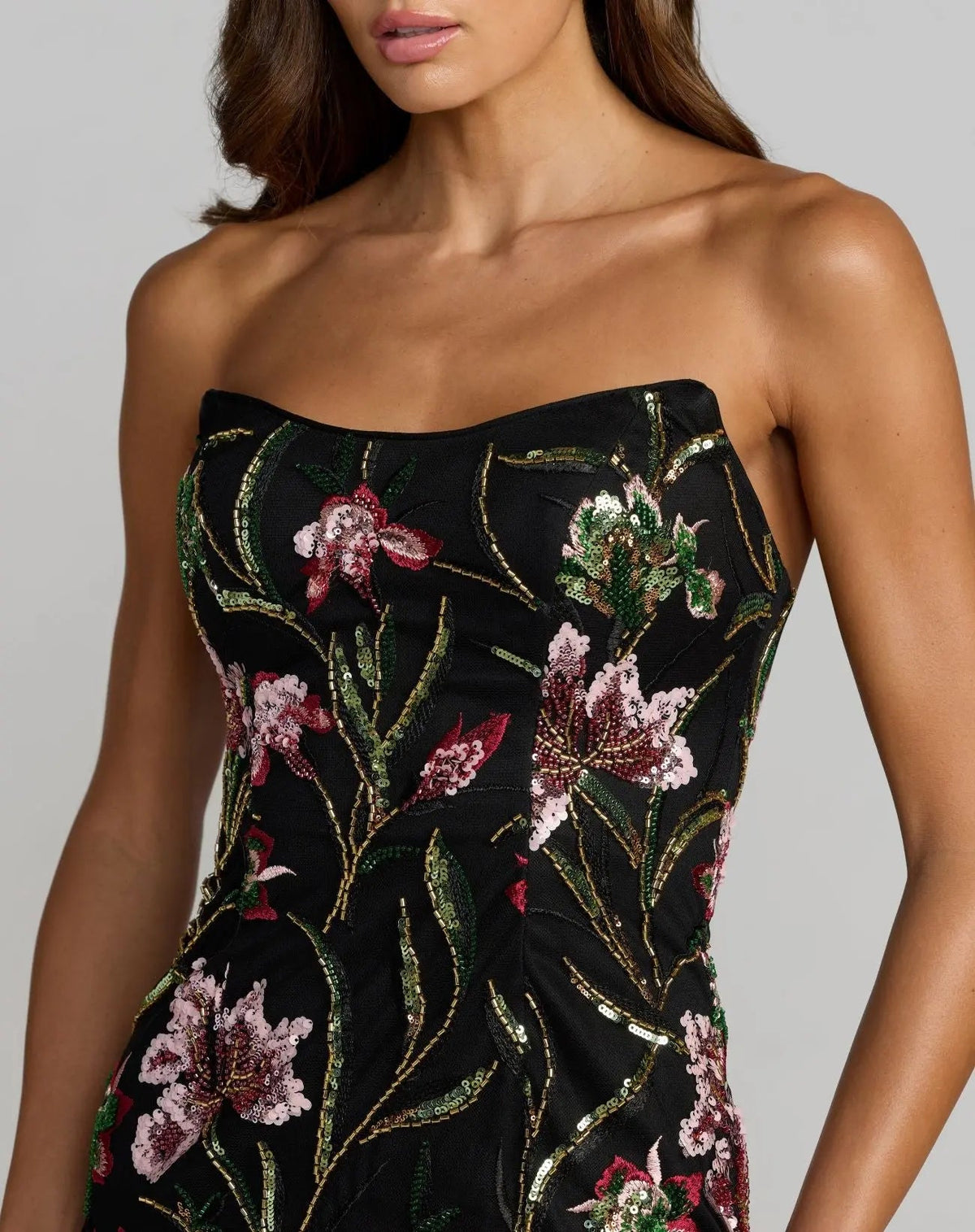 Black Strapless Floral Embroidered Maxi Dress  - Contemporary Collection