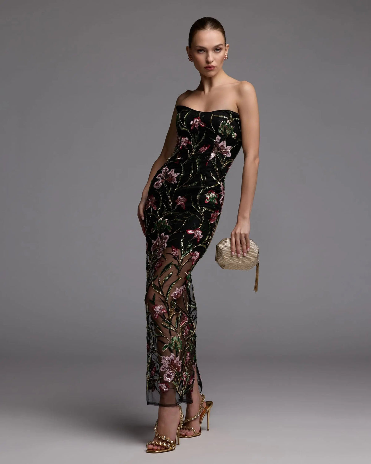Black Strapless Floral Embroidered Maxi Dress  - Contemporary Collection