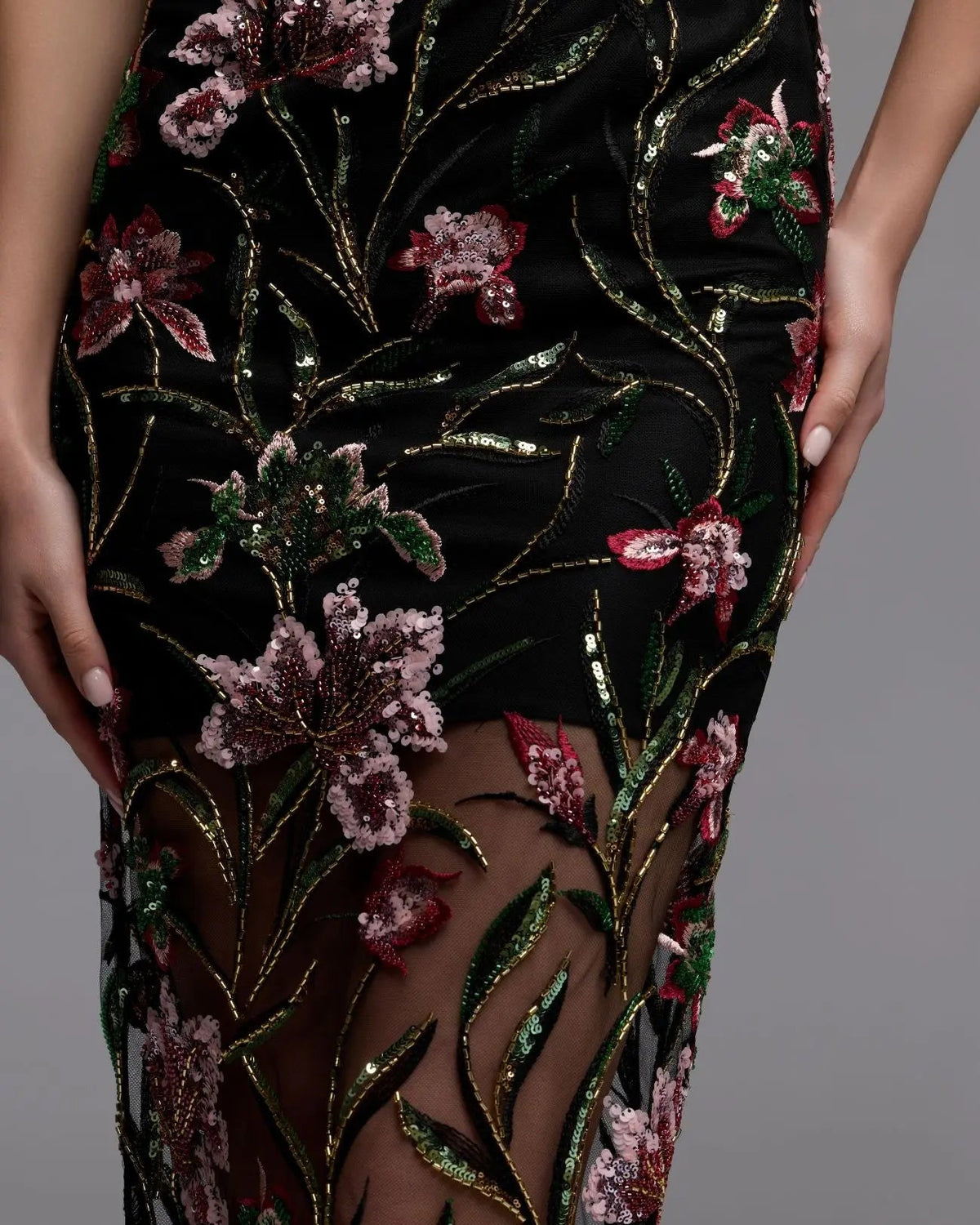 Black Strapless Floral Embroidered Maxi Dress  - Contemporary Collection