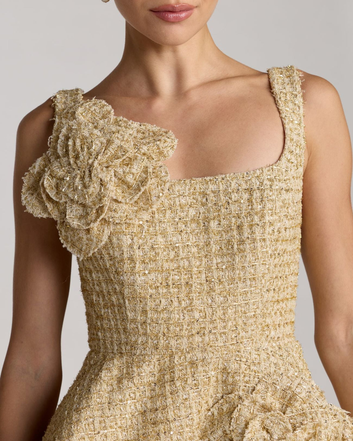 Gold Boucle Floral Applique Mini Dress With Pockets Contemporary Collection