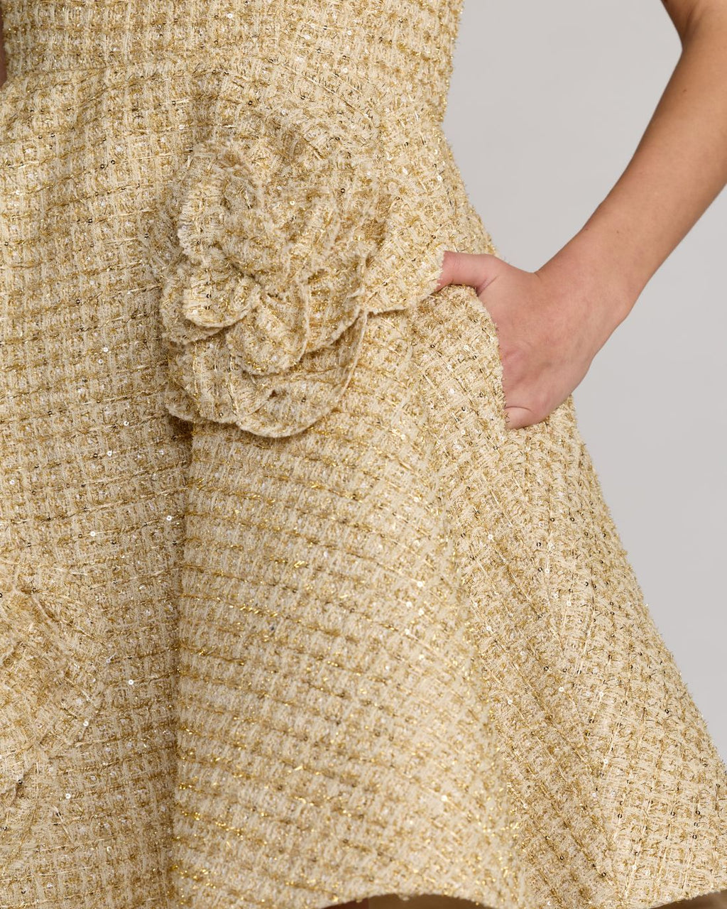 Gold Boucle Floral Applique Mini Dress With Pockets Contemporary Collection