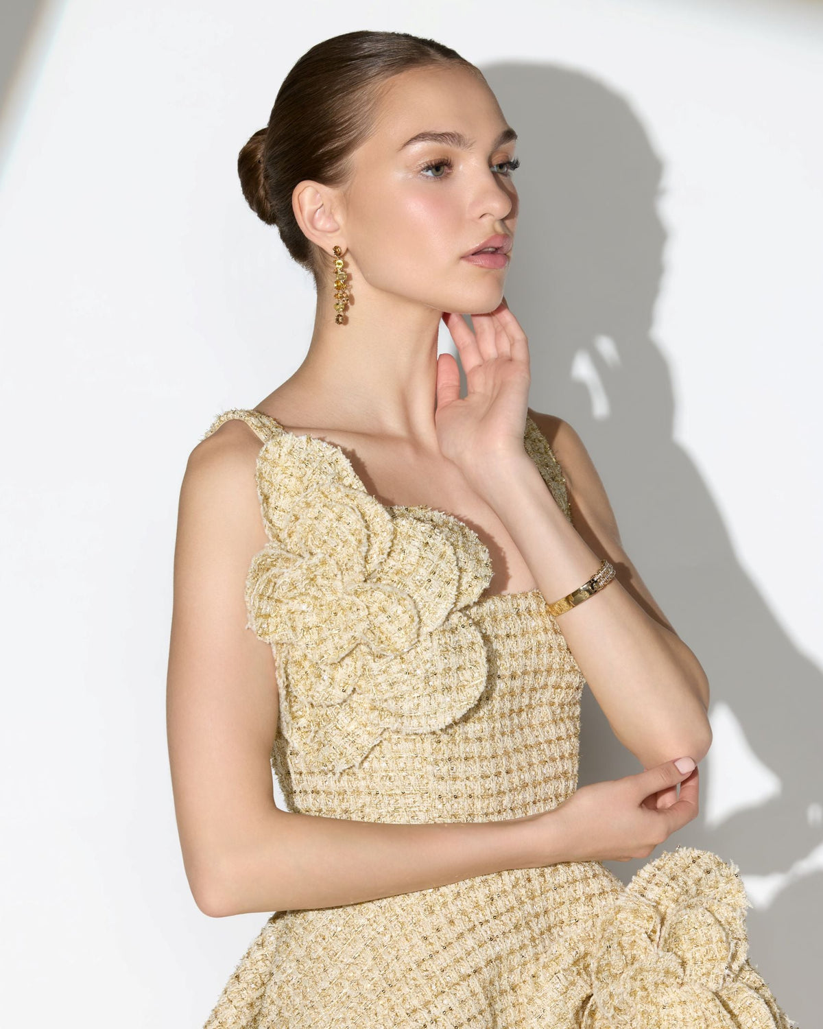 Gold Boucle Floral Applique Mini Dress With Pockets Contemporary Collection