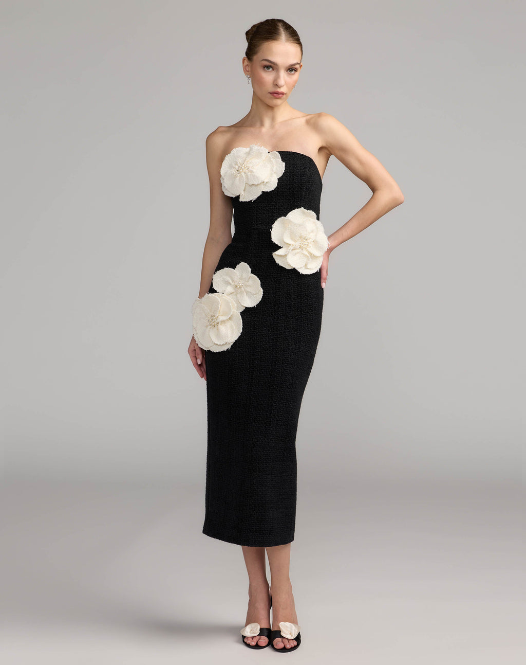 Black Boucle Strapless 3D Floral Midi Dress - Contemporary Collection