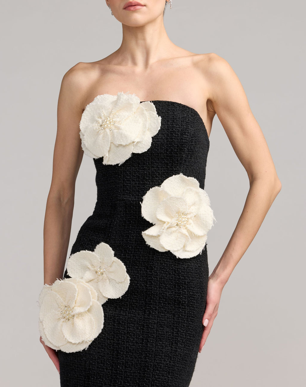 Black Boucle Strapless 3D Floral Midi Dress - Contemporary Collection
