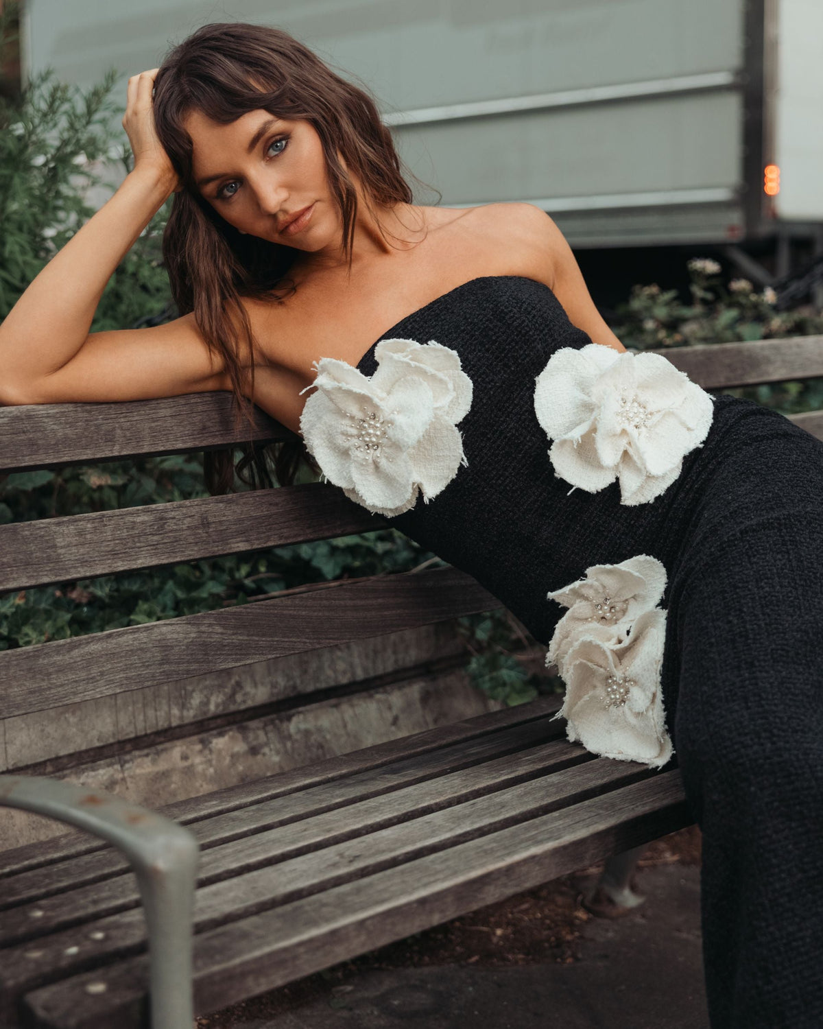 Black Boucle Strapless 3D Floral Midi Dress - Contemporary Collection