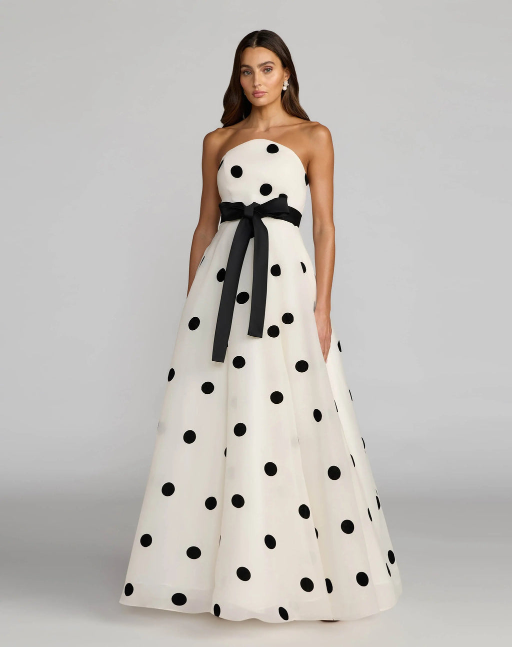 White Strapless Polka Dot Organza Gown With Satin Bow - Contemporary Collection