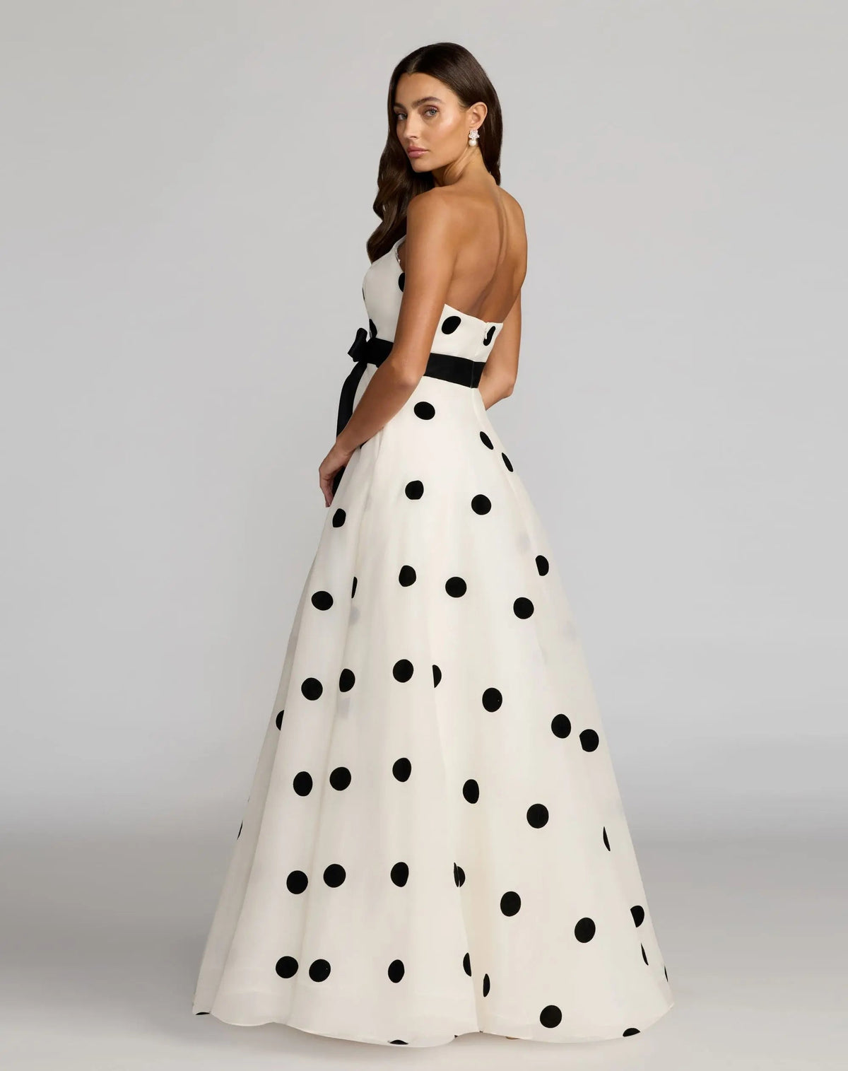 White Strapless Polka Dot Organza Gown With Satin Bow - Contemporary Collection