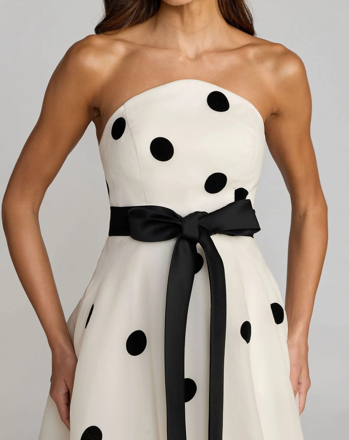 White Strapless Polka Dot Organza Gown With Satin Bow - Contemporary Collection