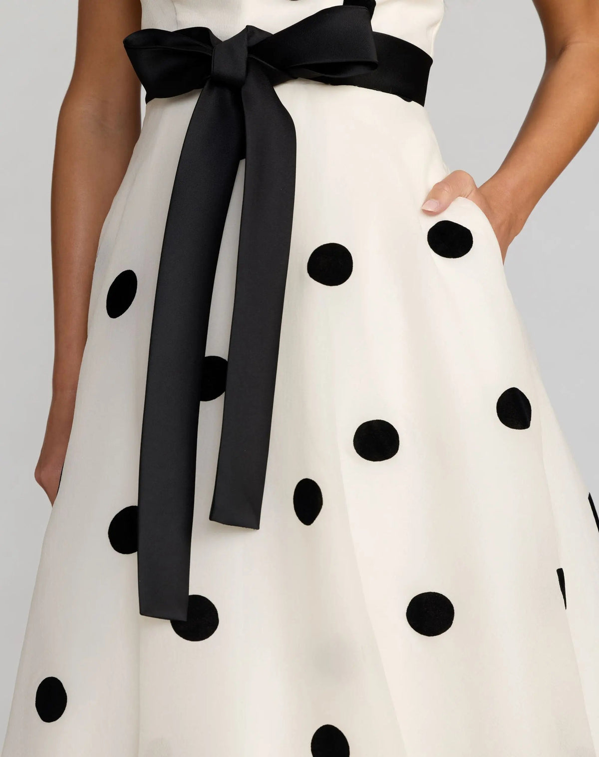 White Strapless Polka Dot Organza Gown With Satin Bow - Contemporary Collection
