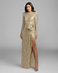 Gold Long Sleeve Sequin Gown With Bow Contemporary Collection