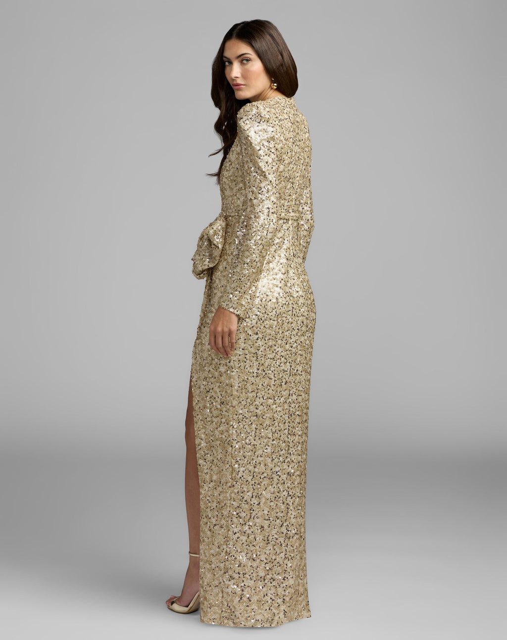 Gold Long Sleeve Sequin Gown With Bow Contemporary Collection