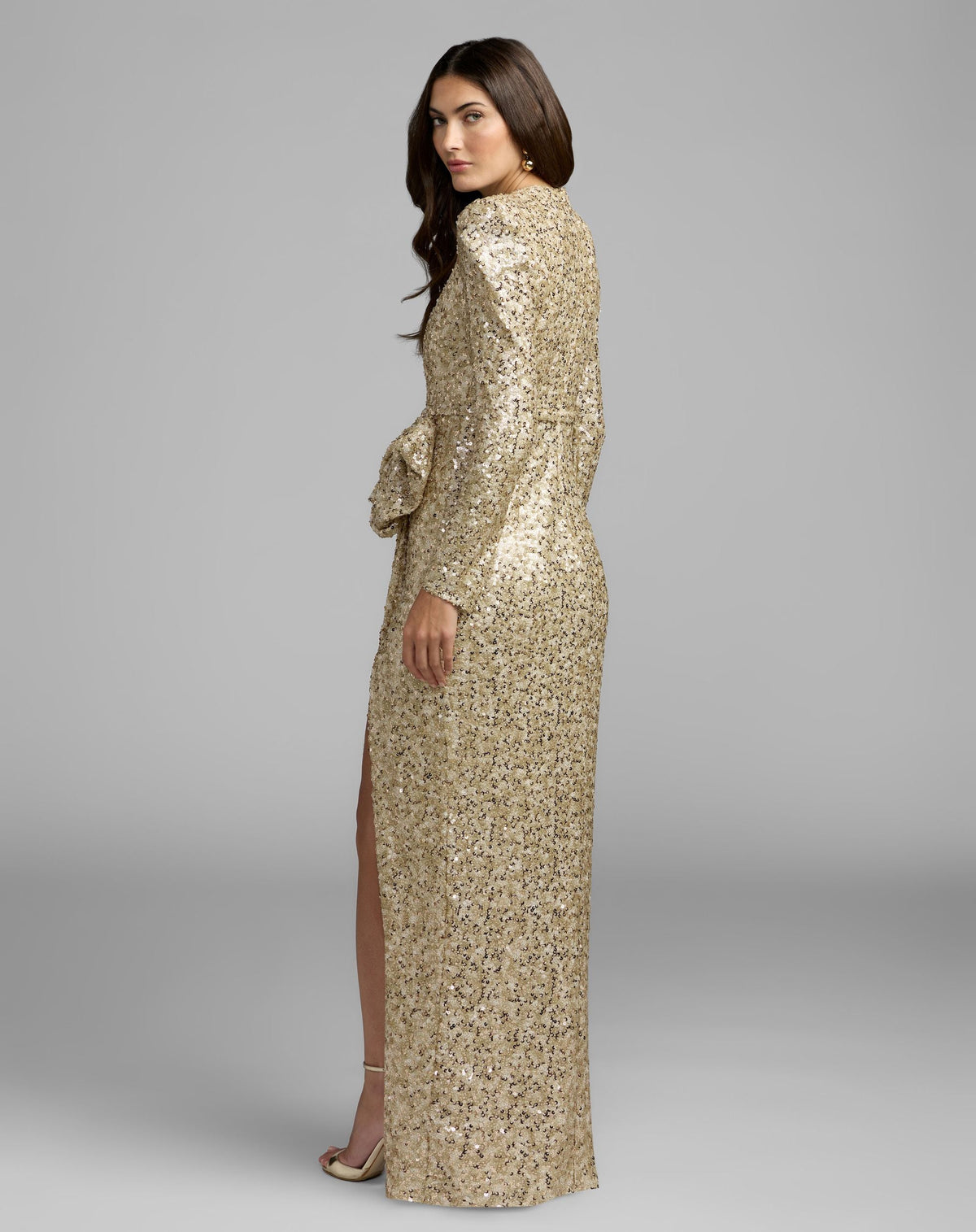 Gold Long Sleeve Sequin Gown With Bow Contemporary Collection
