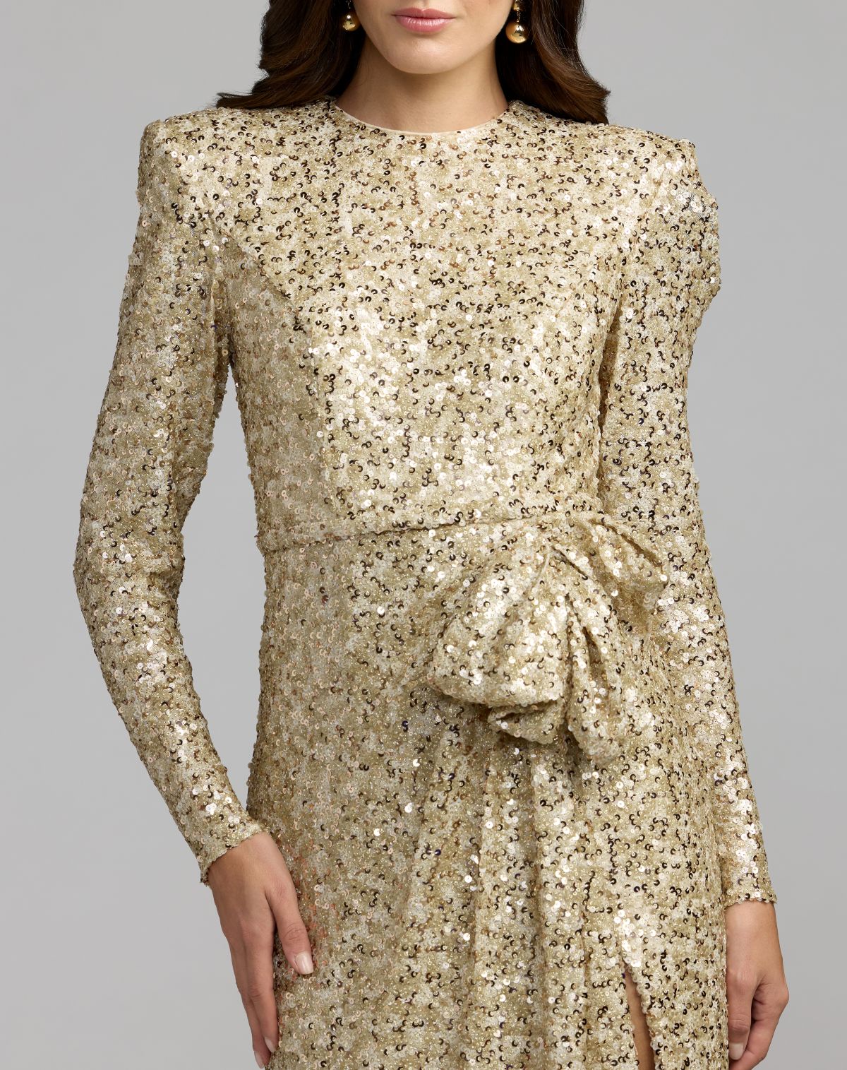 Gold Long Sleeve Sequin Gown With Bow Contemporary Collection