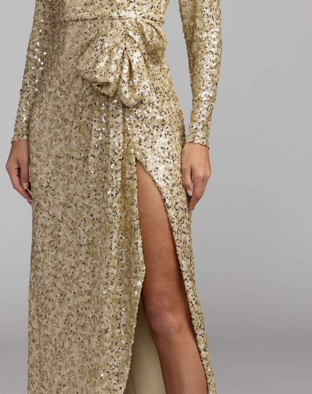 Gold Long Sleeve Sequin Gown With Bow Contemporary Collection