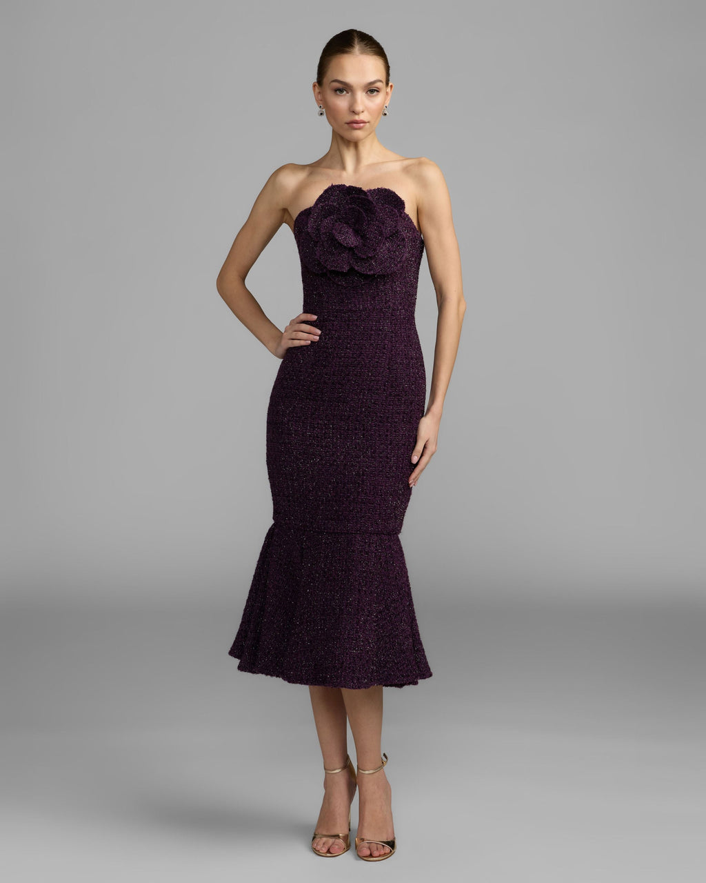 Purple Boucle Strapless Midi Dress With 3D Flower - Contemporary Collection