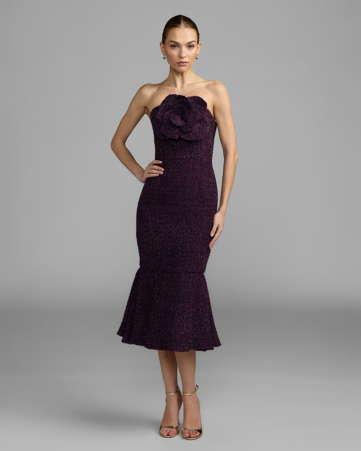 Purple Boucle Strapless Midi Dress With 3D Flower - Contemporary Collection