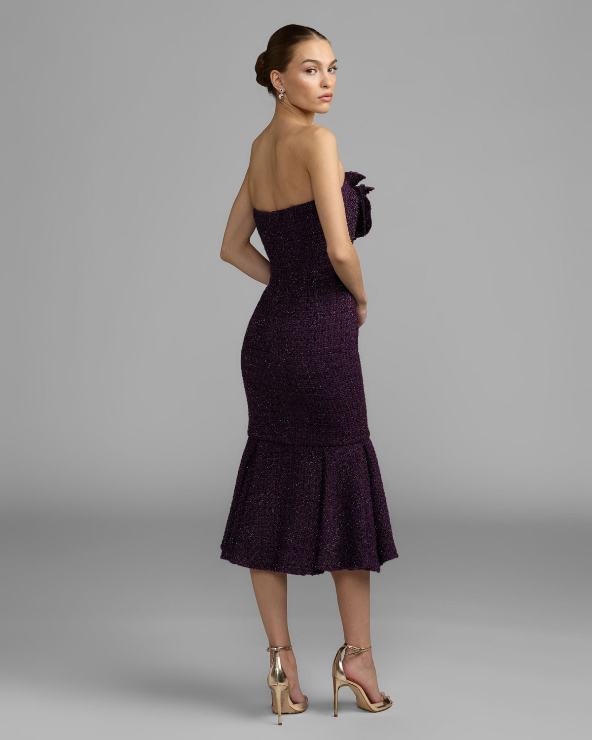 Purple Boucle Strapless Midi Dress With 3D Flower - Contemporary Collection