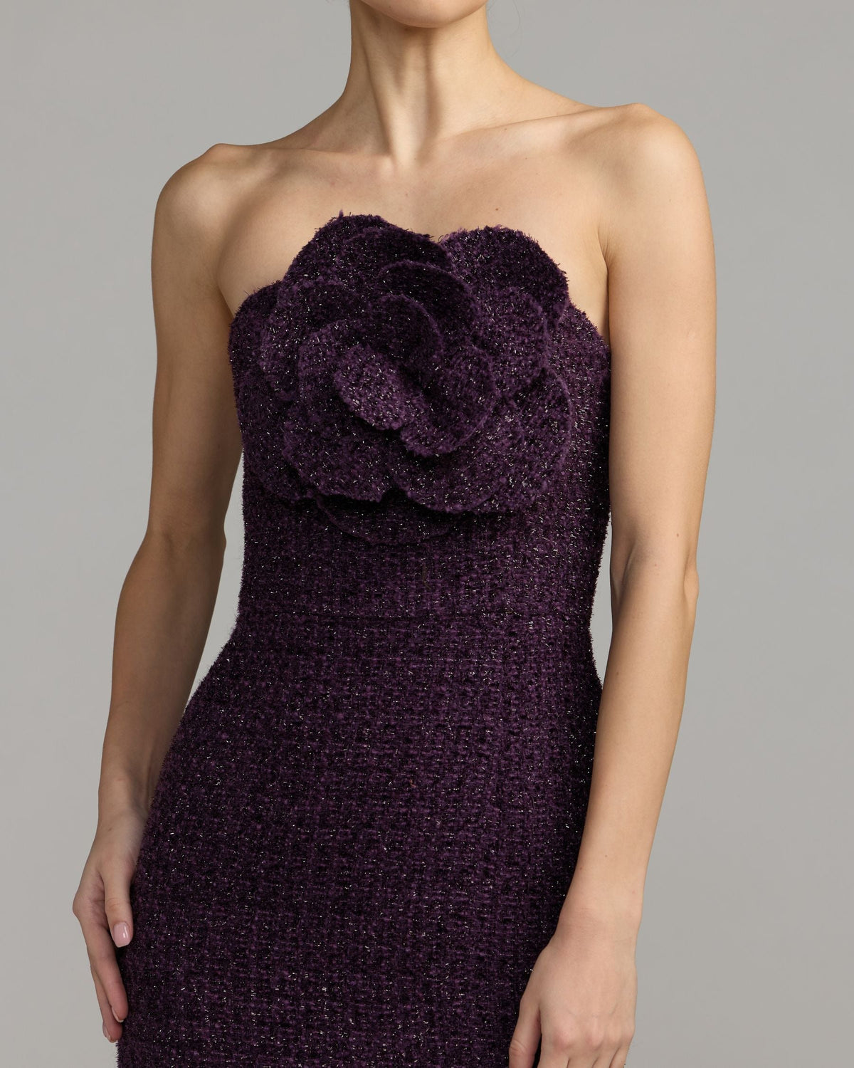 Purple Boucle Strapless Midi Dress With 3D Flower - Contemporary Collection
