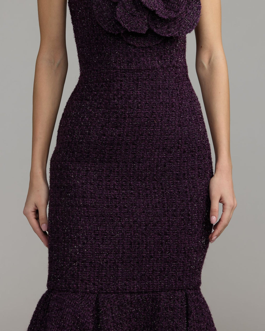 Purple Boucle Strapless Midi Dress With 3D Flower - Contemporary Collection