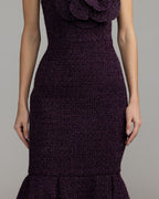Purple Boucle Strapless Midi Dress With 3D Flower - Contemporary Collection