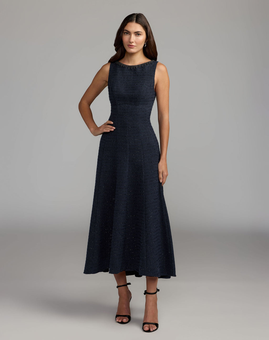 Navy Sleeveless A-Line Boucle Midi Dress - Contemporary Collection