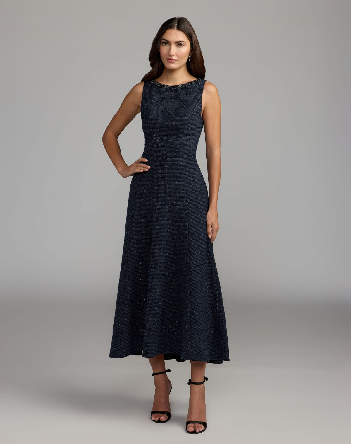Navy Sleeveless A-Line Boucle Midi Dress - Contemporary Collection