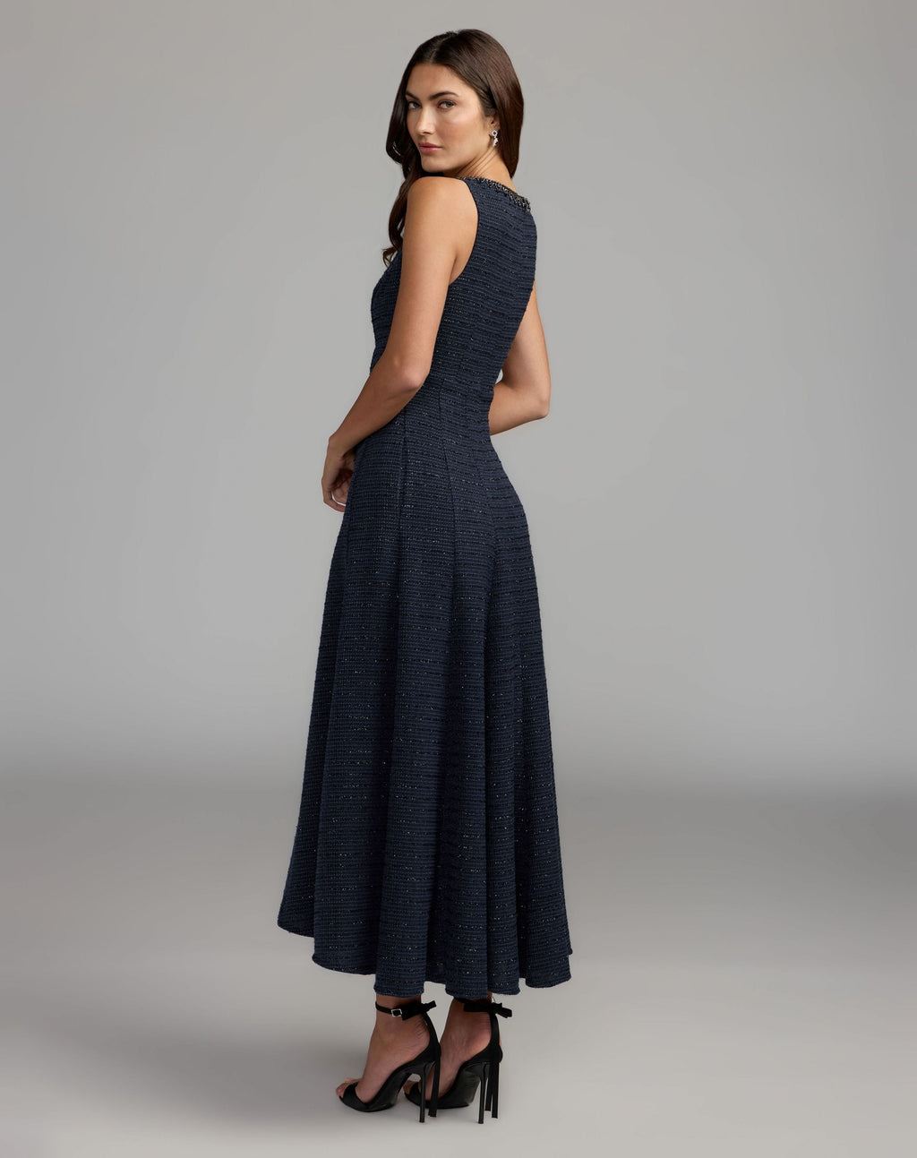 Navy Sleeveless A-Line Boucle Midi Dress - Contemporary Collection