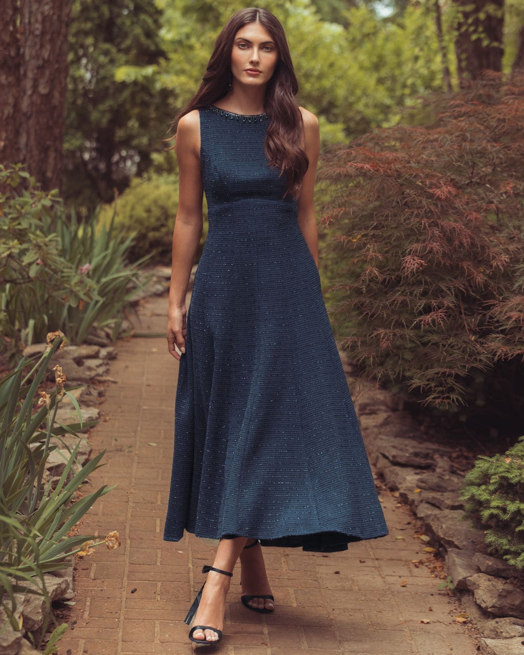 Navy Sleeveless A-Line Boucle Midi Dress - Contemporary Collection