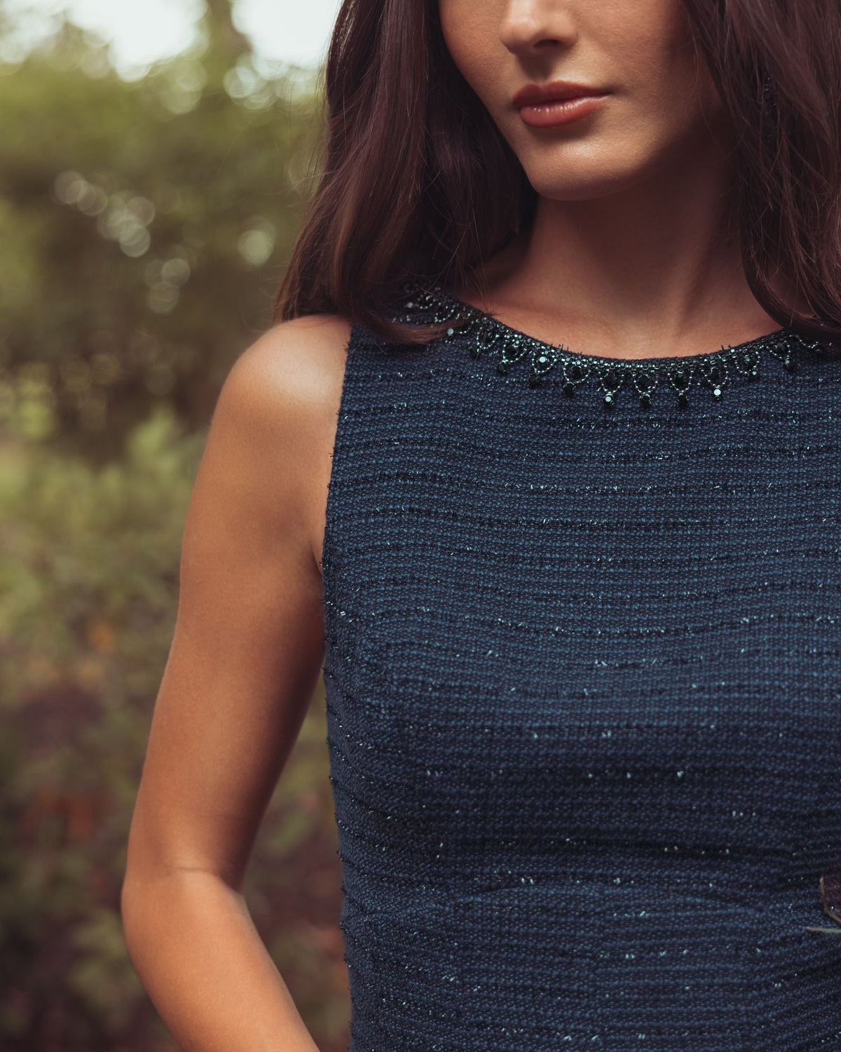 Navy Sleeveless A-Line Boucle Midi Dress - Contemporary Collection