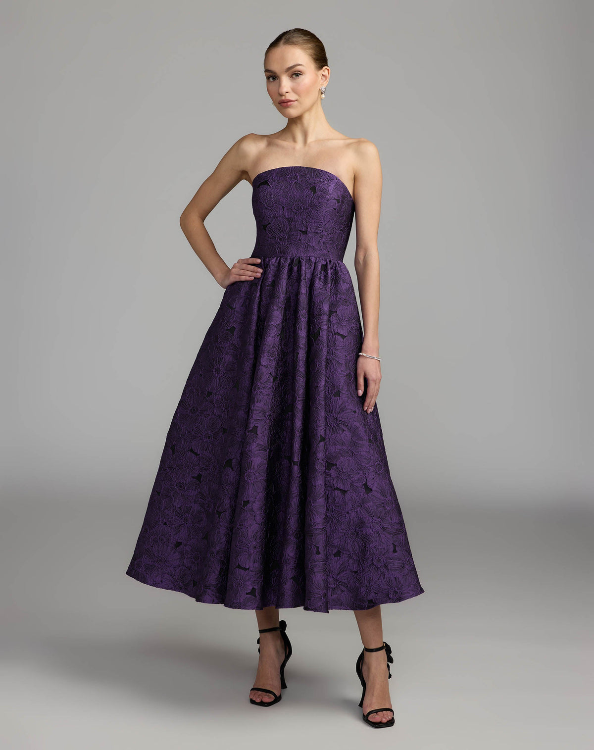 Purple Floral Brocade Strapless Midi Dress Designer Collection