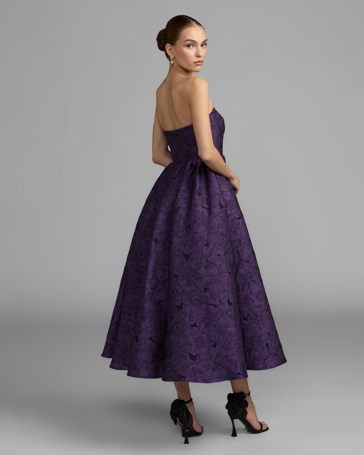 Purple Floral Brocade Strapless Midi Dress Designer Collection