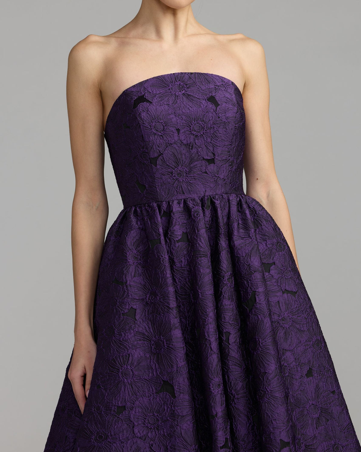 Purple Floral Brocade Strapless Midi Dress Designer Collection