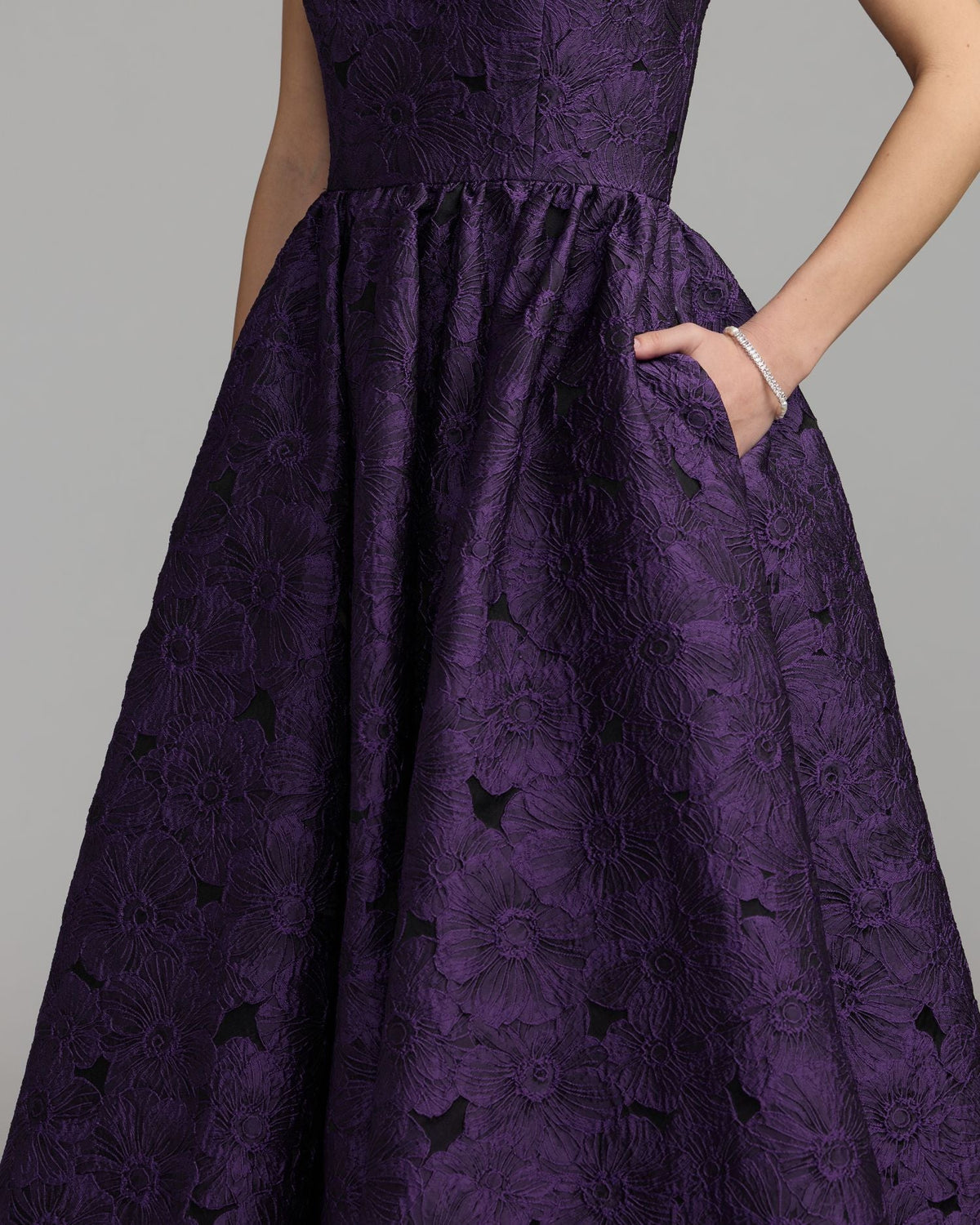 Purple Floral Brocade Strapless Midi Dress Designer Collection