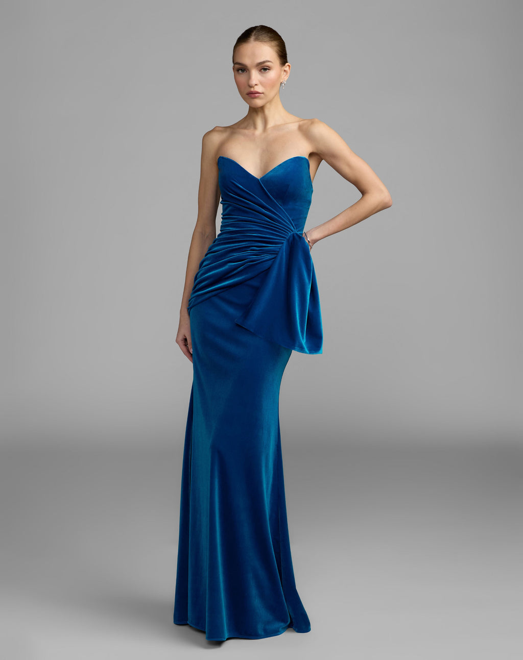 Blue Strapless Velvet Draped Column Gown - Contemporary Collection