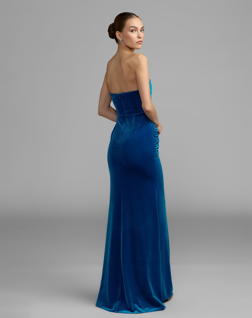Blue Strapless Velvet Draped Column Gown - Contemporary Collection