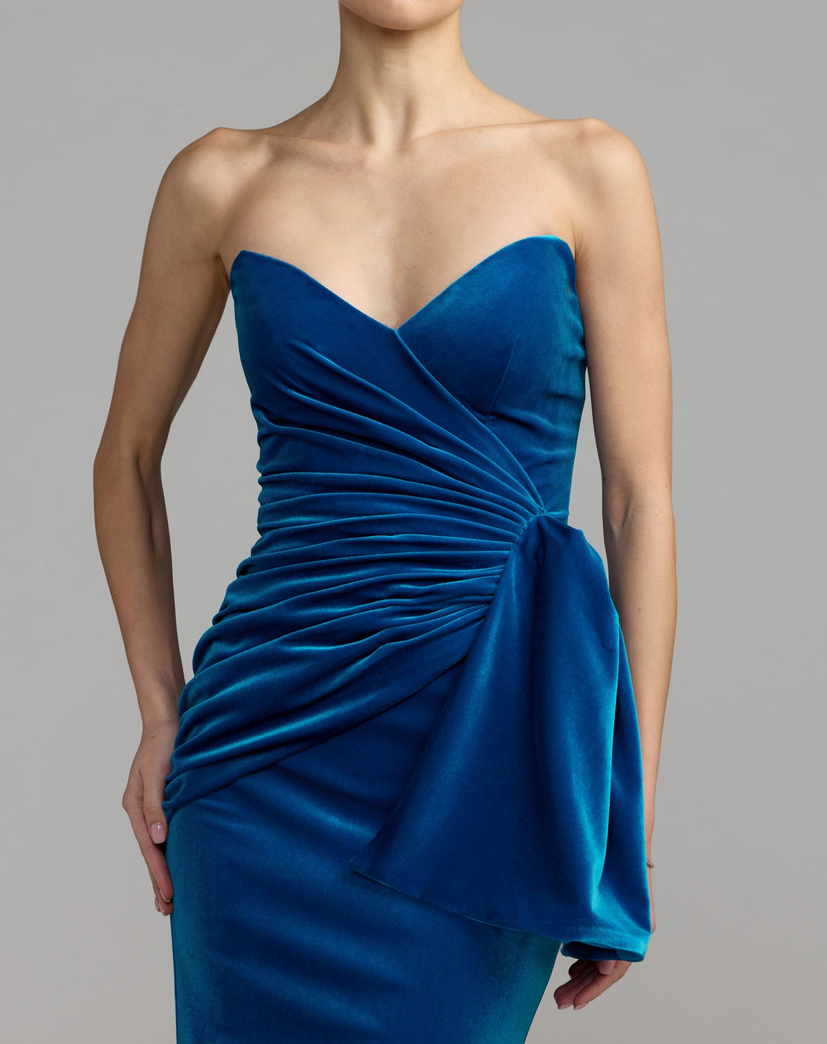 Blue Strapless Velvet Draped Column Gown - Contemporary Collection