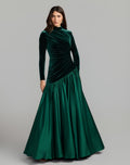 Emerald Green Velvet Bodice Long Sleeve Charmeuse Gown - Contemporary Collection