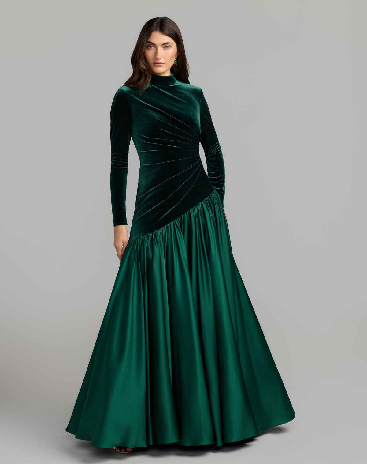 Emerald Green Velvet Bodice Long Sleeve Charmeuse Gown - Contemporary Collection