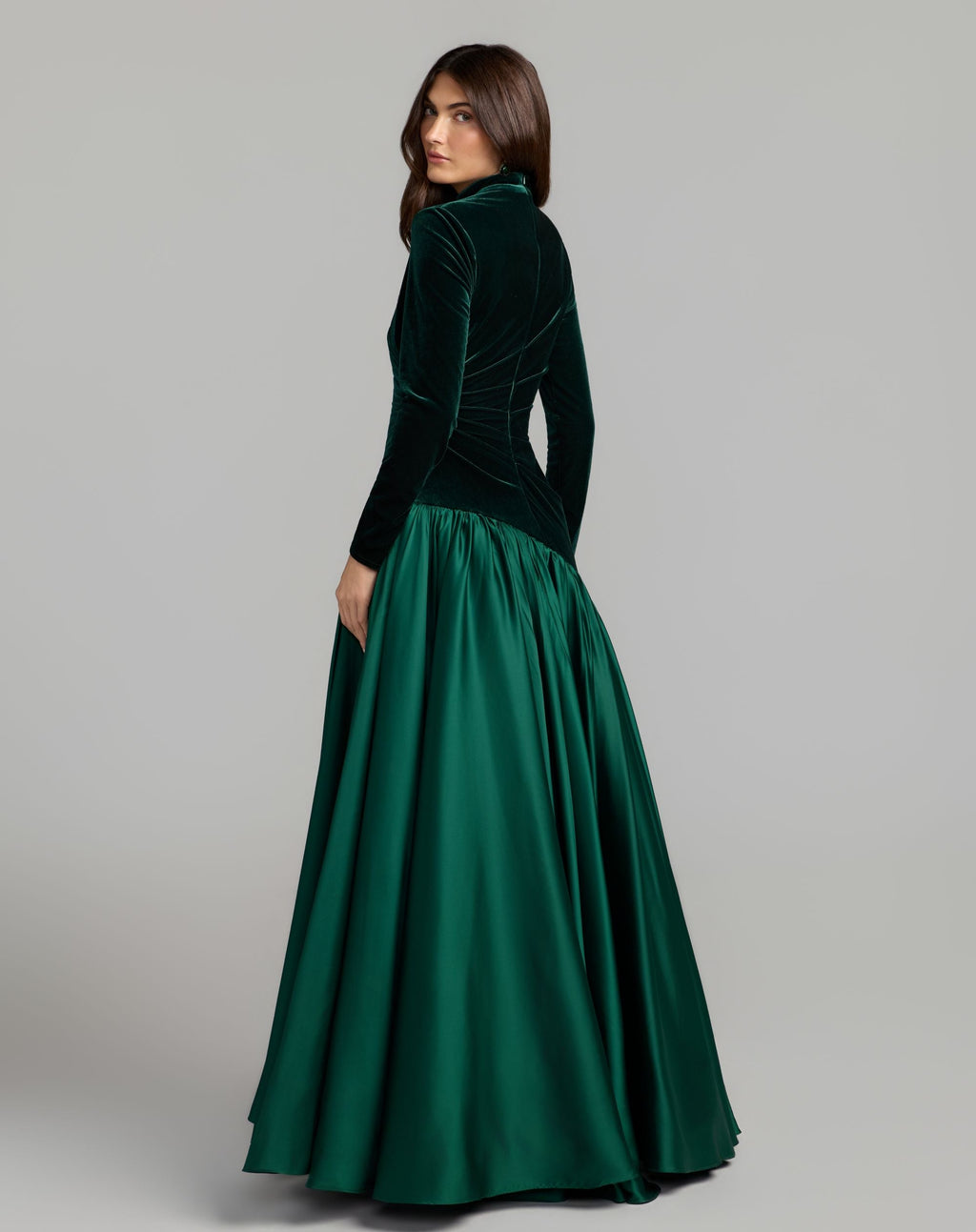 Emerald Green Velvet Bodice Long Sleeve Charmeuse Gown - Contemporary Collection