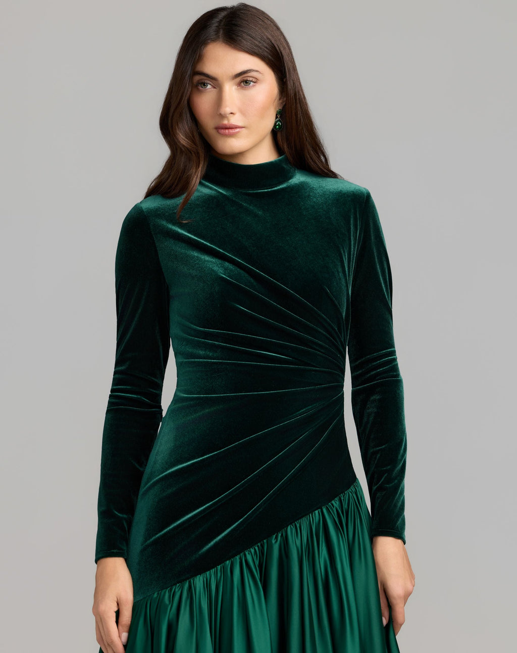 Emerald Green Velvet Bodice Long Sleeve Charmeuse Gown - Contemporary Collection