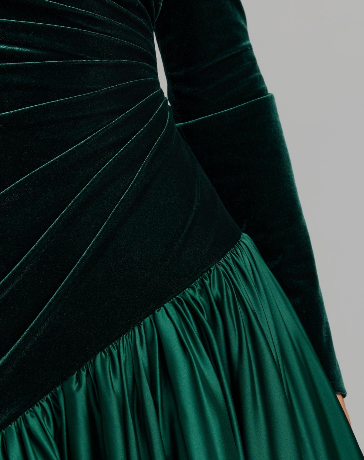 Emerald Green Velvet Bodice Long Sleeve Charmeuse Gown - Contemporary Collection