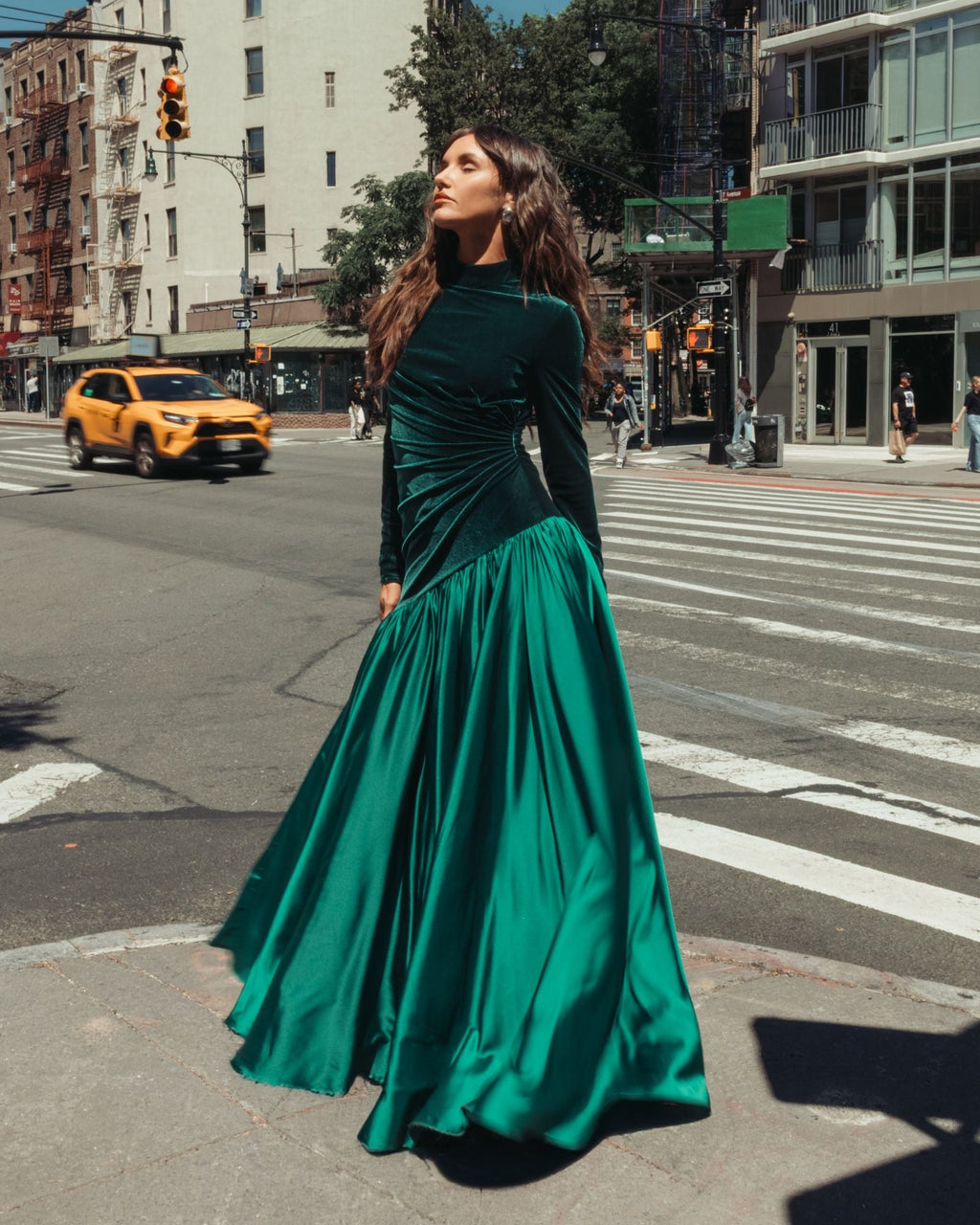 Emerald Green Velvet Bodice Long Sleeve Charmeuse Gown - Contemporary Collection