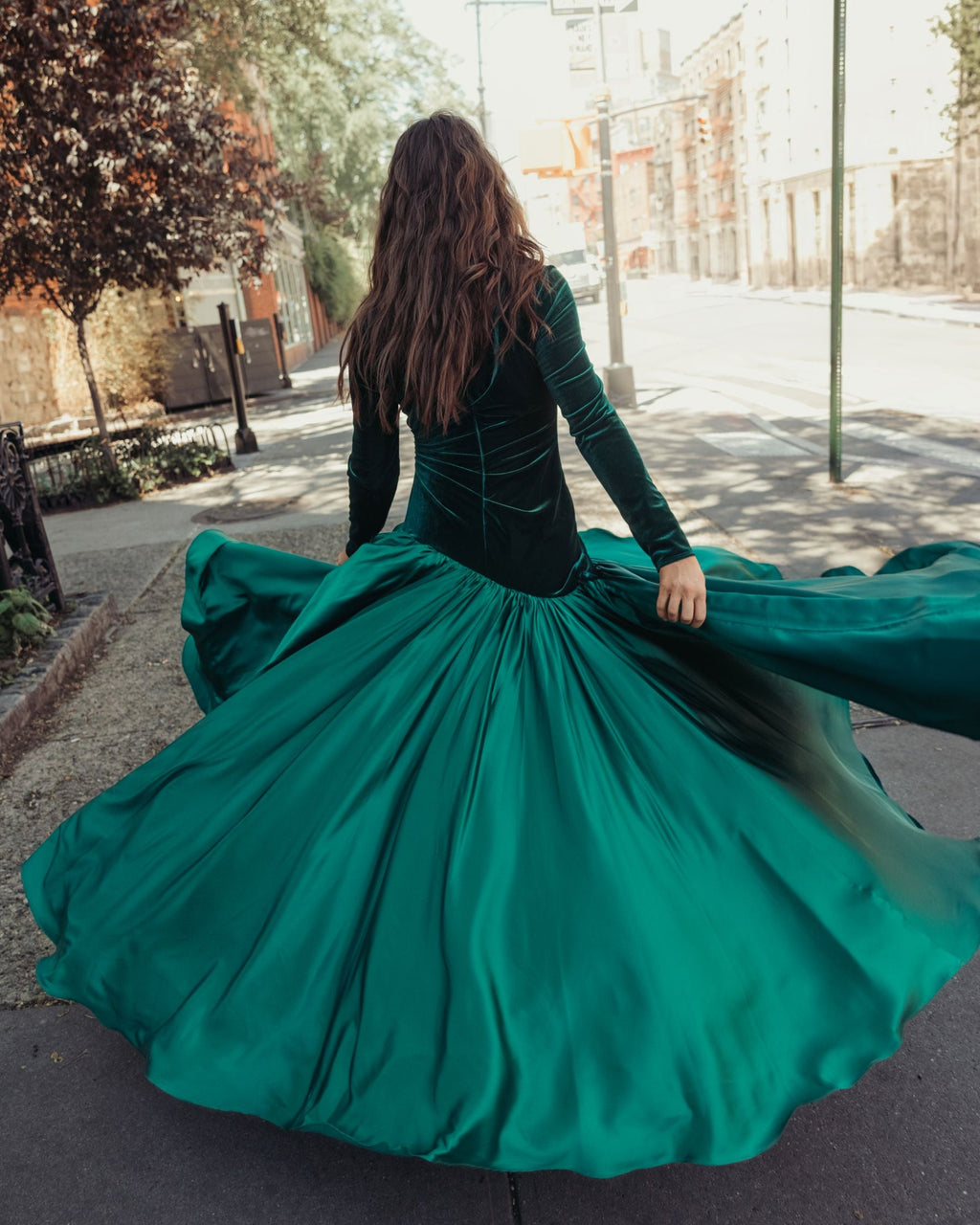 Emerald Green Velvet Bodice Long Sleeve Charmeuse Gown - Contemporary Collection
