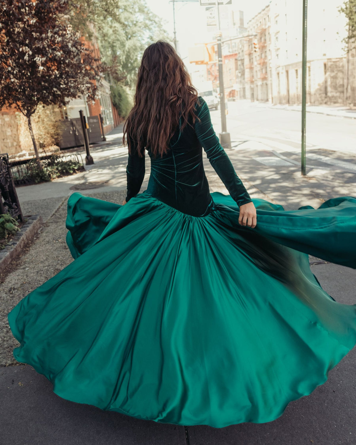Emerald Green Velvet Bodice Long Sleeve Charmeuse Gown - Contemporary Collection